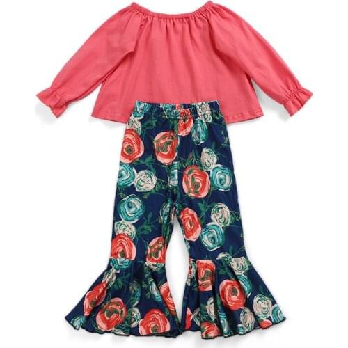 Peuter Baby Meisjes Zomer Sets Meisjes Kids Casual O-hals T-shirts + Bloemenprint Flare Lange Broek Pak Meisjes