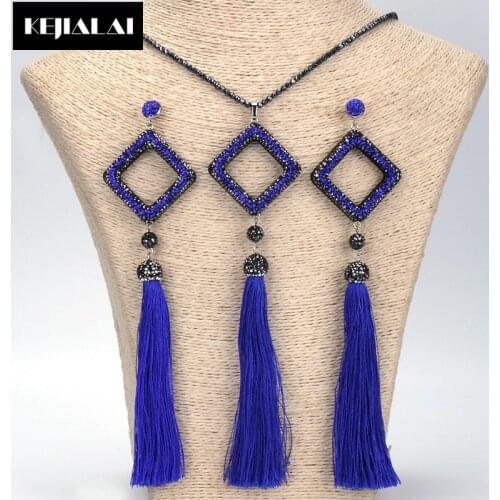 KEJIALAI Ethnic Boho Jewelry Sets Long Tassel Earrings Necklace Luxury Style Rhinestone Paved with Zirconia Crystal Beads