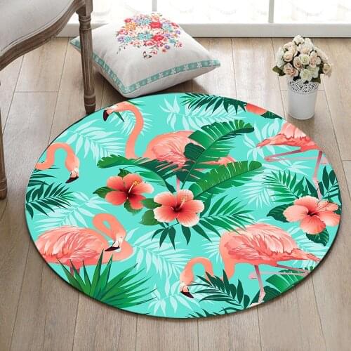 Red Flamingos And Tropical Leaves Round Living Room Floor Area Carpet Dining Room Mat Bathroom Non-Slip Cushion Kitchen Door Rug