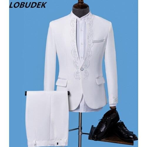 White Sparkly Crystals Mens Suits Slim Blazer Formal Wedding Prom Singer Costume Singer Chorus Host Performance Stage Outfit