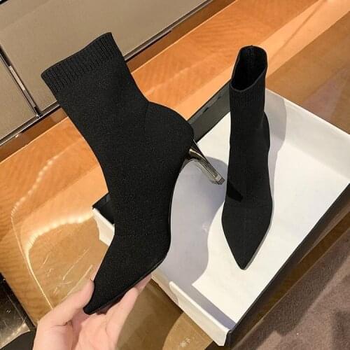 New Stretch knit Boots Womens Autumn Winter Pointed Toe Thick with Middle Tube Pointed Toe Thin Boots High-heeled Ankle Boots