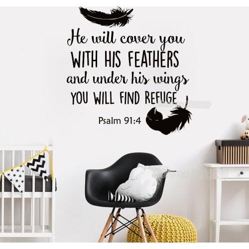 Newly Arrivals Psalm 91:4 Bible Verse Wall Sticker Decal For Bedroom Decor He Will Cover You With...Vinyl Quotes Wallpaper LC421
