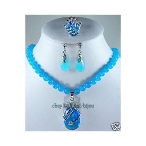Charming blue fine stone zircon pendant necklace earrings ring 8# set AAA style 100% Natural fine stone Noble Fine jewe