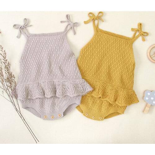 Baby Girls Solid Color Bodysuit Sling Bow Shoulder Knitting Pleated Sleeveless Ruffle Romper Summer Toddler Clothes