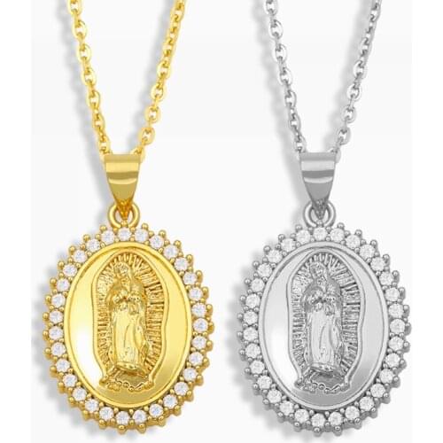 FLOLA Oval Virgin Mary Necklace For Women CZ Gold Chain Pendant Necklace Zirconia Catholic Jewelry virgen de guadalupe nket90