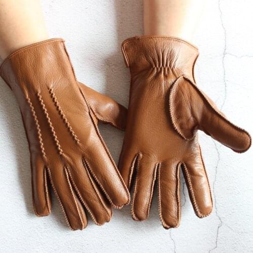 New Mens Buckskin Fashion Velvet Lining Warm Outer Seam Genuine Leather Gloves Outdoor Riding Champagne Gloves