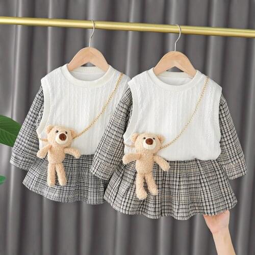 Girls Dresses Clothes Sets Spring Autumn Children Fashion Cute Dress Vest 2pcs Christmas Suits For Baby Kids Birthday Party Sets