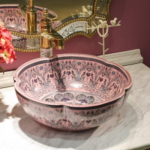 Purple pink flower-shaped European Chinese wash basin Jingdezhen Top ceramic bathroom wash basin rectangular ceramic wash basin