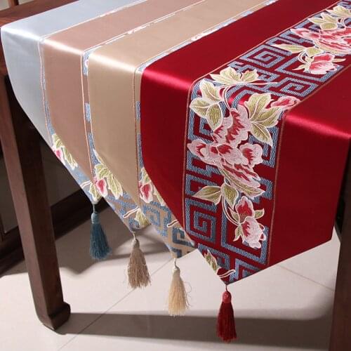 New Chinese Style Peony Red Table Runner Polyester fiber strip plant flower tablecloth for wedding party home decor table cover