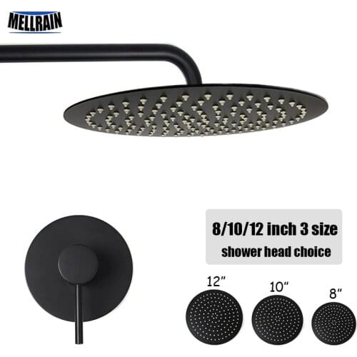 Bathroom black wall mounted bath shower set single way brass mixer faucet 2 mm thick stainless steel shower head 8 10 12 inch