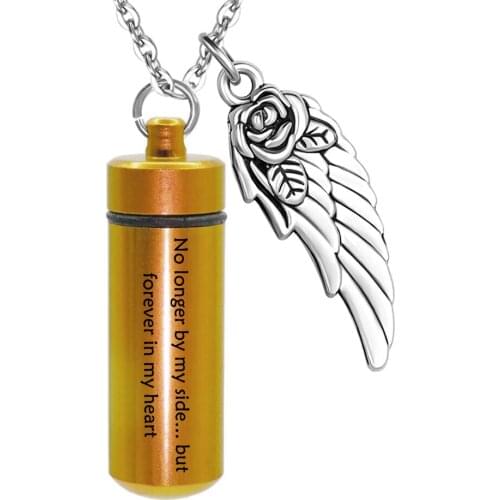 Light Cylinder Cremation Urn Necklace for Ashes Memorial Keepsake Pendant with Angel Wing Aluminum alloy Memorial Jewelry