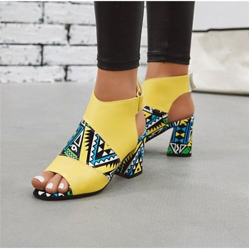 YMECHIC Fashion Novelty 2019 Block High Heels Green Yellow Sandals Women 2019 Print Ankle Wrap Hook Peep Toe Ladies Summer Shoes