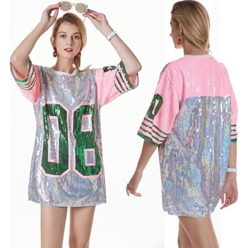 Summer Casual Straight Half Sleeve O-neck Number Elegant Free Size Black Sliver Blue Gold Women Club Party Sequin Dress 9959