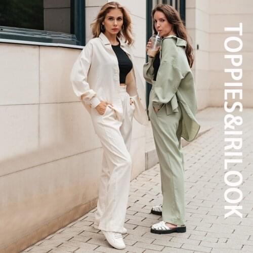 Toppies 2021 Women Two Piece Set Casual Shirt Office Lady Long Sleeve Blouse Chic Elastic Waist Summer Long Trousers Pants