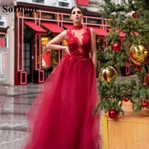 SoDigne Red Long Prom Dress Lace Appliques High Neck Tulle Evening Dresses Princess Women 2021 Party Gowns Plus Size