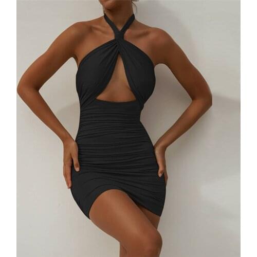 Fashion Women Sleeveless Mini Dress Sexy Femal Hollow Backless Halter Neck Bodycon Slim Dress