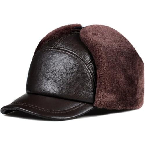 Winter Men 100% Genuine Leather Faux Fur Hat Male Warm Tag Thick Velvet Bomber Hats Elderly Earflap Moto Windproof Snow Caps