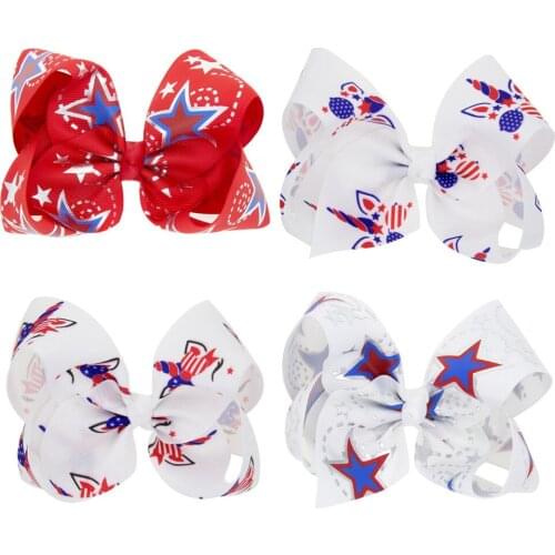 20pcs 12cm Super Cute Big Girls Print Grosgrain Ribbon Bow For Independence Day Lovely Girls Hair Clip Ribbon Bow Accessories