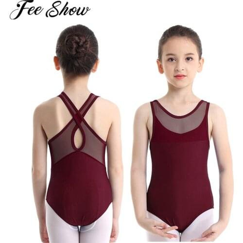 Ballerina Girls Gymnastics Leotard Ballet Dancewear Sleeveless Mesh Splice Criss-cross Cutout Back Ballet Dance Jumpsuit Costume