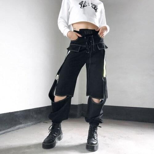 Autumn Punk Rock Harem Pants Irregular Hollow Out Black Cargo Pants Women High Waist Trousters Streetwear Cool Pants