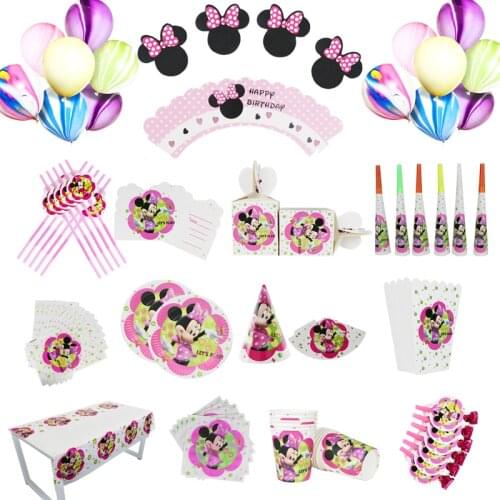 Disney Minnie Mouse Party Supplies Paper Cup Plates Straws Caps Kids Girls Baby Shower Birthday Party Decorations Sets
