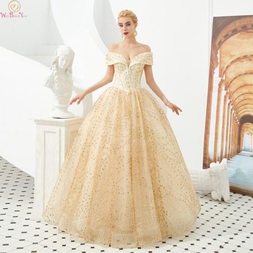 Elegant Gold Quinceanera dress 2019 Off The Shoulder Ball Gown Luxurious Sequined Lace Up Long Prom Formal Tulle Robe De Soiree