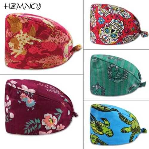 Cotton Sweat-absorbent Printed Hat Adjustable Frosted Hat Beauty Salon Work Hat Laboratory Pet Shop Frosted Female Hat Custom