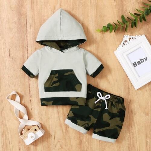 Summer Baby Boys Camouflage Clothes Set Short Sleeve Hooded Tops with Pocket + Drawstring Short Pants Outfit