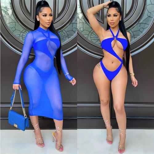 Summer Beach Bodycon Sexy Swimsuit Women Halter Bodysuit and Sheer Mesh Long Sleeve Dress Sets See-through Bandage Cub Outfits