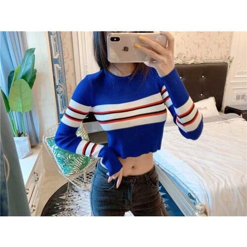 HOT SALE Fashion Women Knitted Sweater Stripe Casual Clothing Lovely O-Neck Korean Sexy Long Sleeve Crop Tops