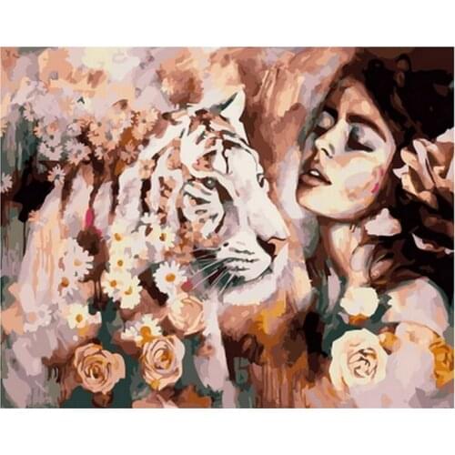 Frameless diy painting by numbers wall decor painting on canvas for home decor 4050cm lady with tiger