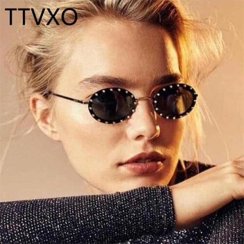 Diamond Oval Sunglasses Ladies Yellow Lens Small Glasses Summer Shades Metal Round Sunglasses Women Men Sunnies UV400 Oculos