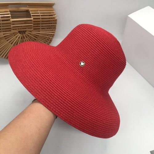 Bucket hats Red and white retro elegant straw sunhat sunscreen summer vacation seaside beach wide brim hat fishermen female