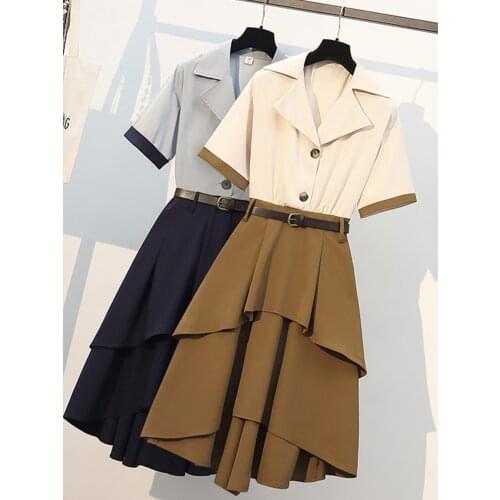 Plus size office ladies ruffles patchwork dresses Summer short sleeve notched v neck chiffon long dresses female high waist robe