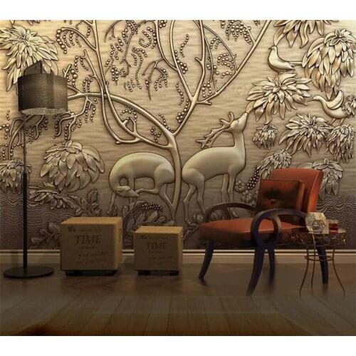 Beibehang Custom wallpaper European 3D vertical photo mural body gold embossed forest elk bird sofa background wall paper mural
