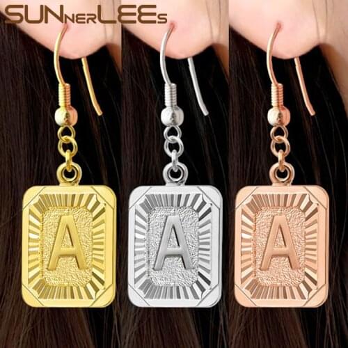 SUNNERLEES Fashion Jewelry 26 Letters A~Z White Rose Gold Color Drop Earrings Dangles For Women Girl Gift LP01 E