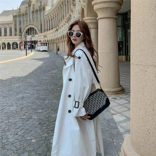 White Windbreaker Women Mid-Length Spring Autumn 2021 Korean Loose BF Over The Knee British Style Jacket Female Outcoat Femme