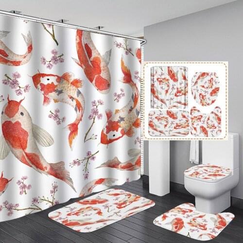 Hanging Shower Curtain Kids Baby Bath Lucky Gloden Fish Print 4PCS Set Waterproof Polyester Fabric Toilet Mat Pad Bathroom Decor