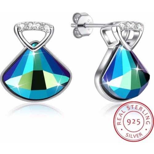 Fine Jewelry Made with Swarovski Crystal Stud Earrings Real S925 Sterling Silver Geometric Blue Shell Earrings for Women Gift