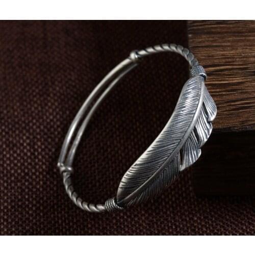 990 Sterling Silver feather Bangle Bracelet Women jewelry adjustable A3438