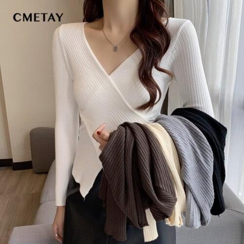 2021 Autumn Winter New Fashion Sexy Cross V Neck Women Sweater Pullover Slim Base Solid Color Long Sleeve Jumpers Top Femme