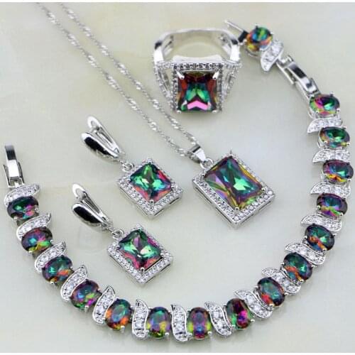 Square Rainbow Mystic Fire Crystal 925 Silver Jewelry Sets Women Wedding Necklace/Earrings/Bracelet/Pendant/Ring