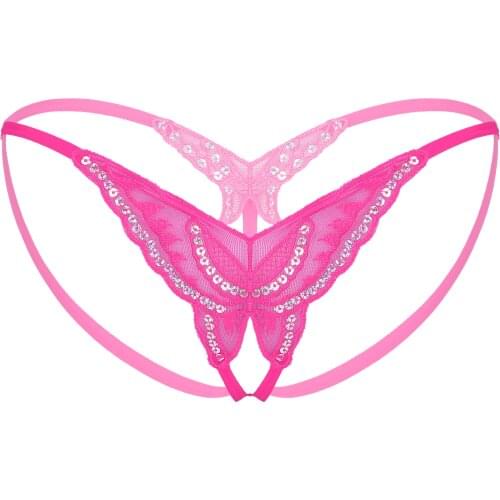 Womens Erotic Underwear Sequined Lace Butterfly T-back G-string Thong Briefs Low Waist Open Butt Crotchless Lingerie Underpants