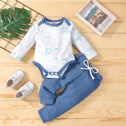 Toddler Baby Girls Boys Outfits Sets Cute Whale Print Bodysuit Top Drawstring Pants 2pcs Kid Clothes Autumn