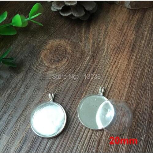 20sets/lot silver plated color 20mm glass dome globe with vial pendant setting base necklace jewelry half glass cover
