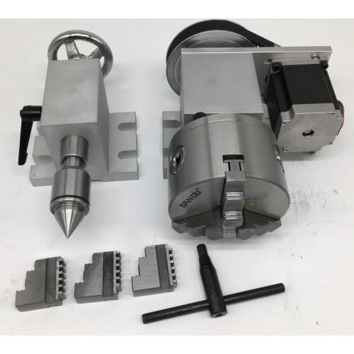 4 Axis rotation A Axis Extend Rotary & 3 Jaw 80mm K11-80 Chuck Nema23 stepper motor & MT2 Tailstock for wood CNC Milling Router