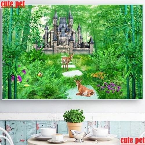 Cute pet 5d diamond painting Bamboo Forest Castle deer handmade diy puzzle Full diamant embroidery mosaic CrossStitch home decor
