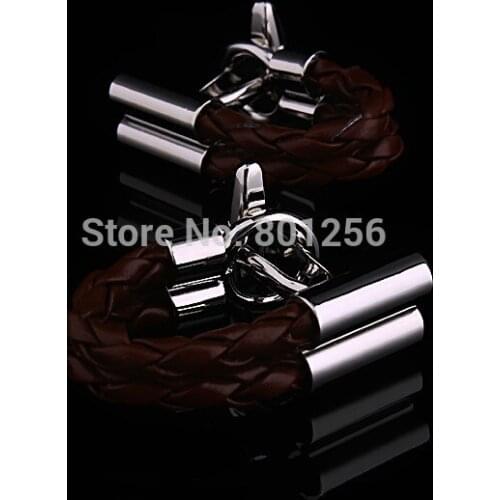 Free shipping Quality Cufflinks brown color pu leather design hotsale copper material cufflinks whoelsale&retail