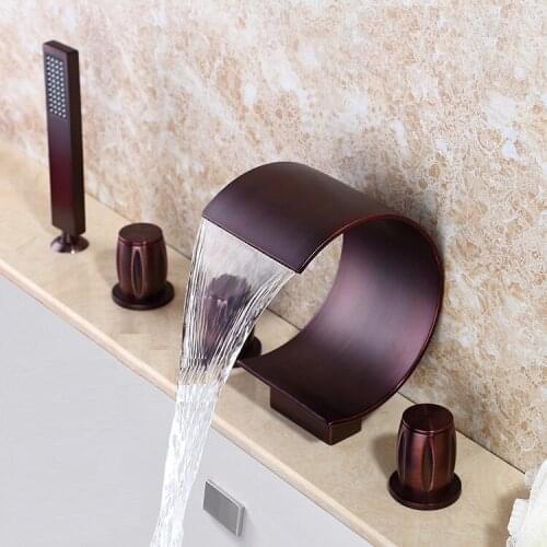 MTTUZK Oil-rubbed Bronze Waterfall Widespread Bathtub Faucet with Hand Shower (Curved Shape Design) 5 hole Bathtub Faucet set