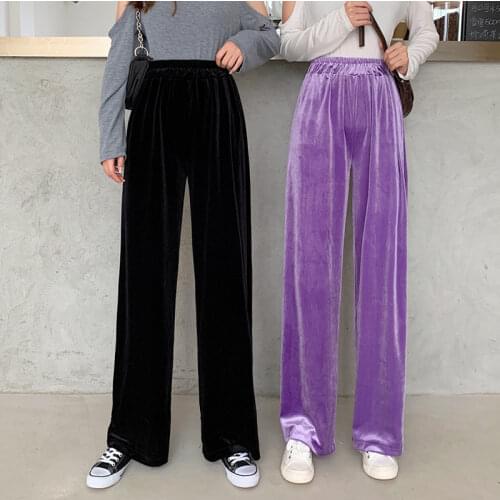 2021 Autumn Straight Velour Women Pants High Waist Casual Wide Legs Pants Black Purple Loose Female Fashion Student Trousers New